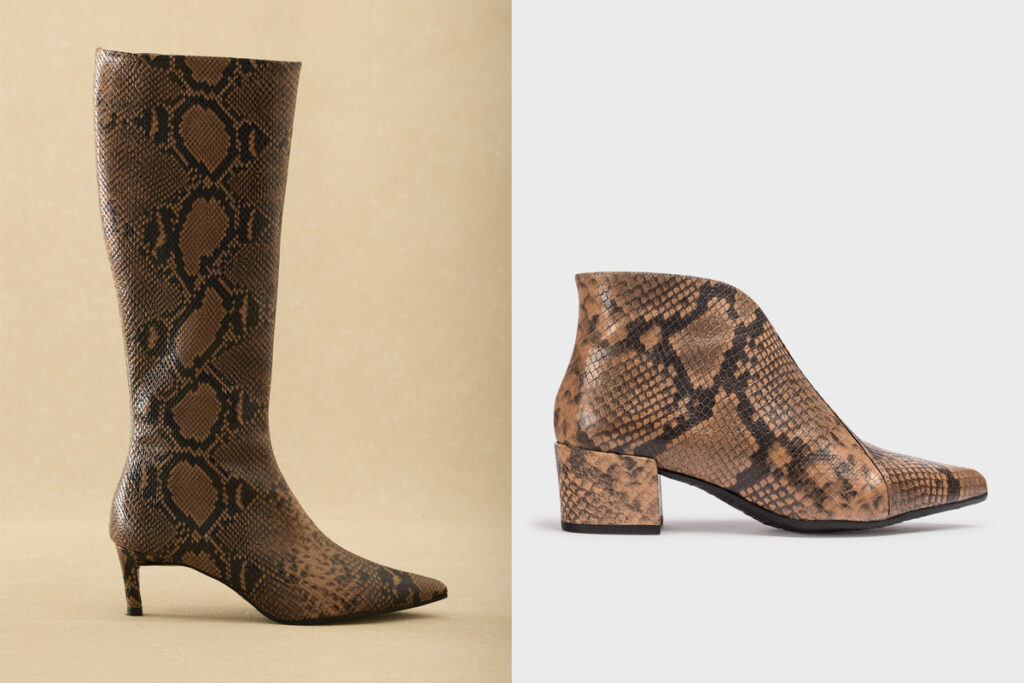 BIMANI Bota alta (PVP: 325€) // WONDERS Botín con estampado de pitón. (PVP: 77€)