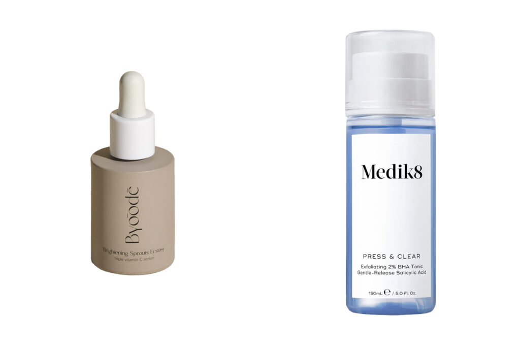 BYOODE Sérum con un 10% de Vitamina C. (PVP: 55€) // MEDIK8 Tónico exfoliante con  un 5,5% de gluconolactona. (PVP: 42€)