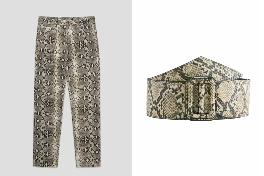 ROBERTO VERINO Pantalón con estampado de serpiente. (PVP: 60€) // NEXT Cinturón ancho. (PVP: 23€ a la venta en Zalando)