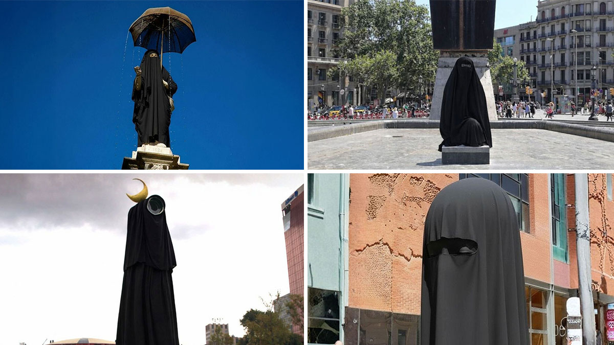 El PP ‘cubre’ las estatuas más emblemáticas de Barcelona para oponerse al burka y el niqab