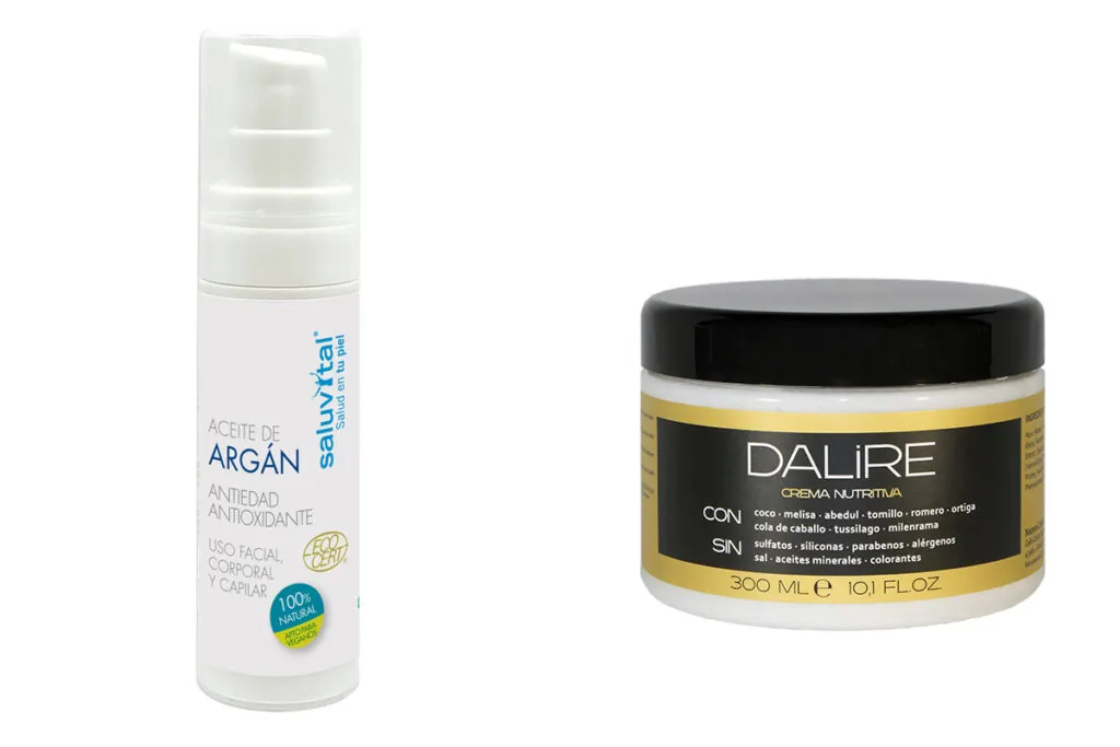 SALUVITAL Aceite de argán de uso capilar. (PVP: 13.85€) // DALIRE Crema nutritiva para el cabello. (PVP: 19.50€)