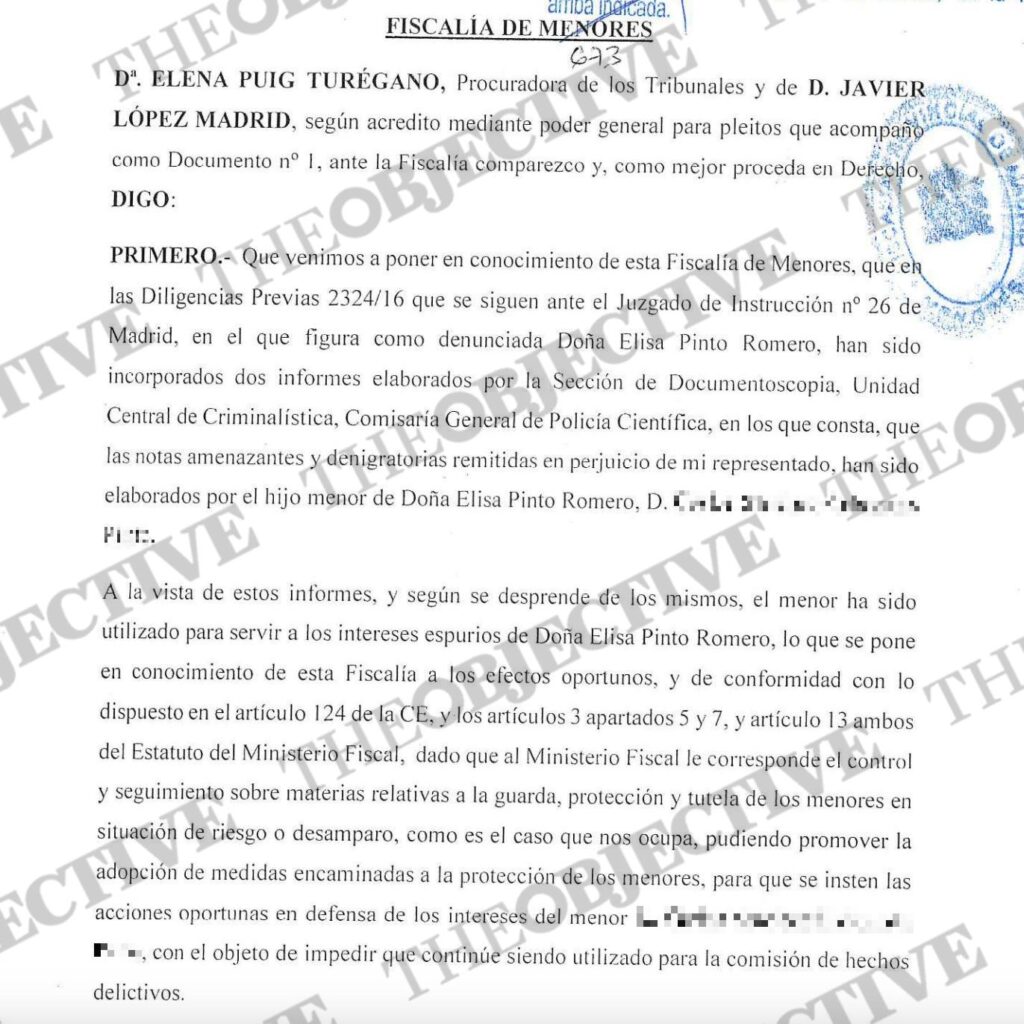 Denuncia de Javier López Madrid contra la doctora Pinto en la Fiscalía de Menores.