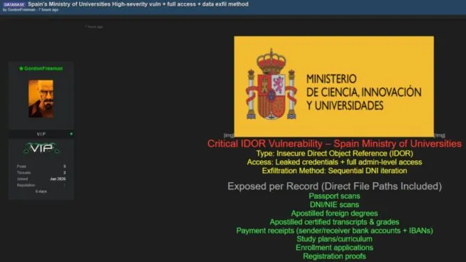Un hacker asegura haber conseguido DNI y  cuentas bancarias del Ministerio de Ciencia