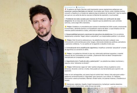 El dueño de Telegram alerta sobre la «censura» de Sánchez en un mensaje a todos sus usuarios