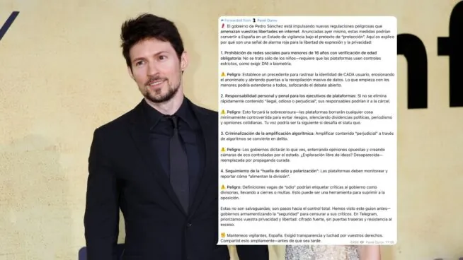 El dueño de Telegram alerta sobre la «censura» de Sánchez en un mensaje a todos sus usuarios