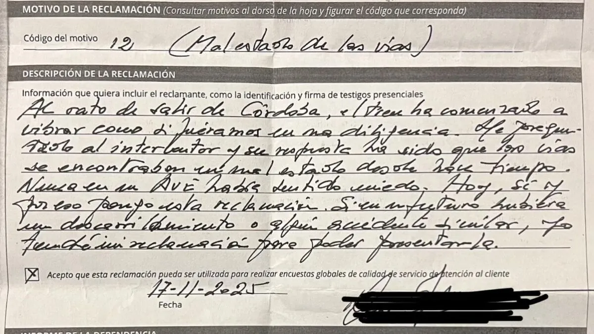 Una pasajera protestó en noviembre ante ADIF por el estado de las vías cerca de Córdoba
