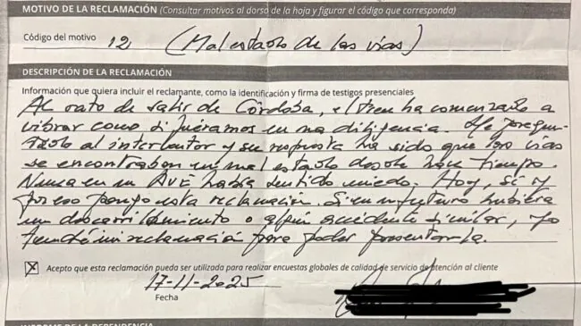Una pasajera protestó en noviembre ante ADIF por el estado de las vías cerca de Córdoba