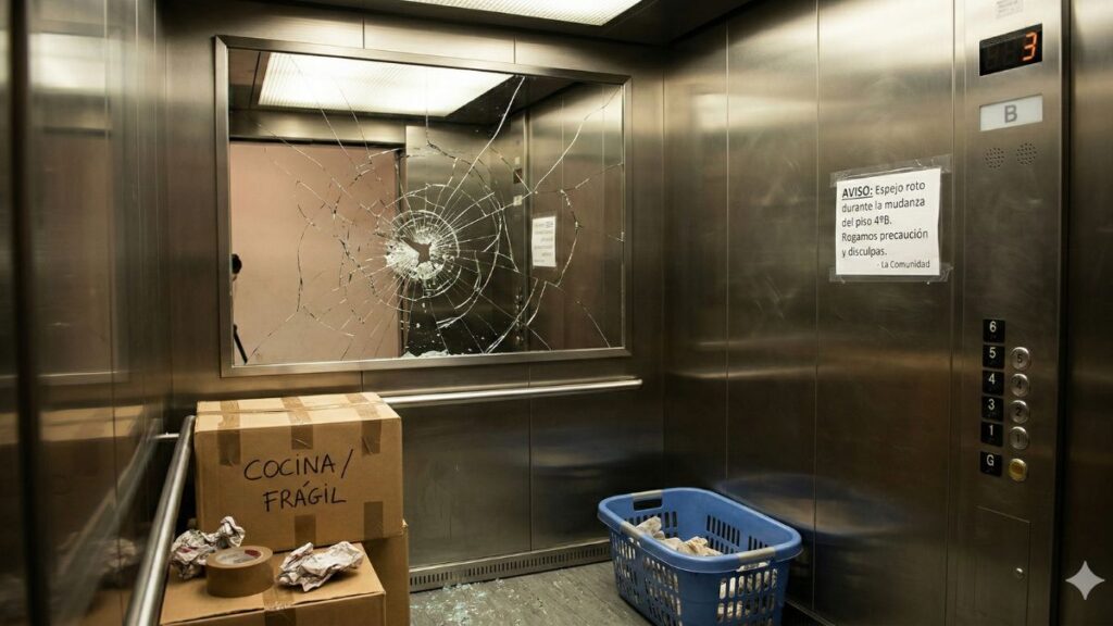 Espejo de un ascensor roto tras una mudanza 