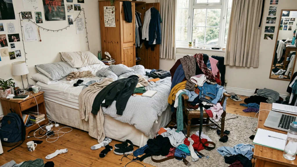 Habitación desordenada que genera ruido visual