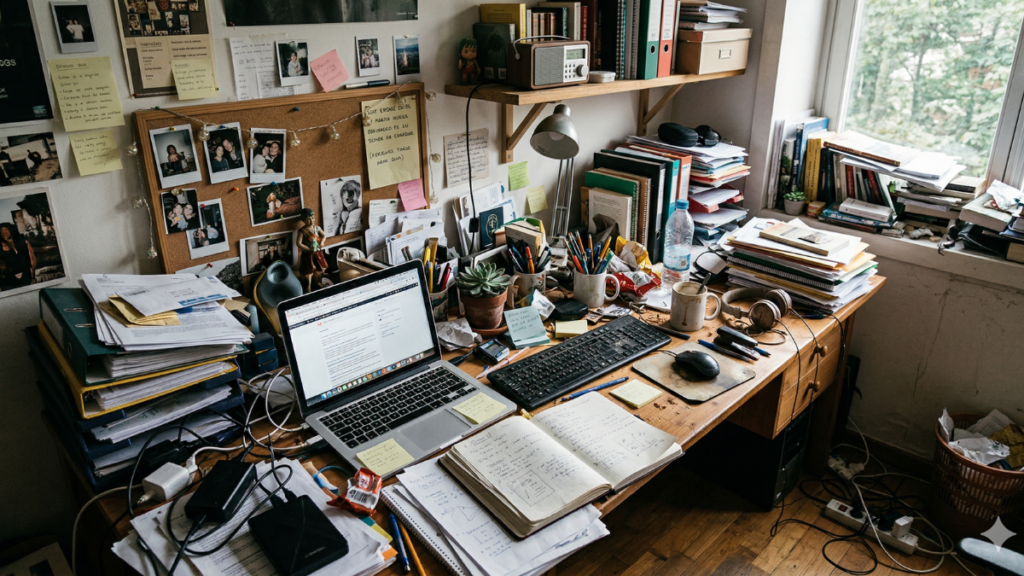 Escritorio desordenado que genera ruido visual