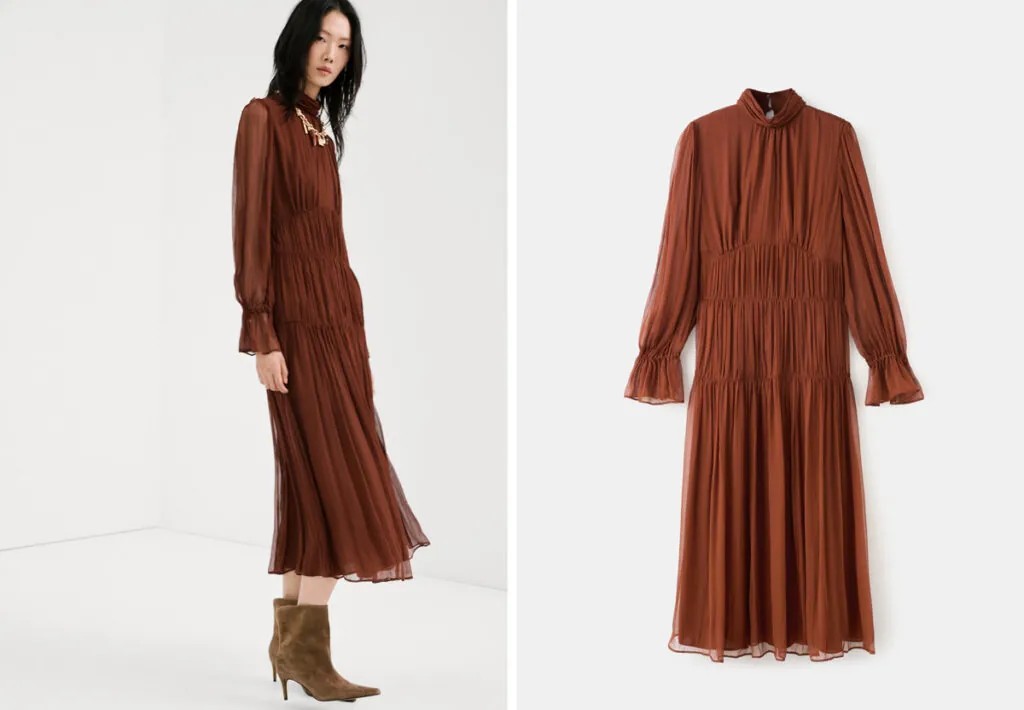 Vestido de gasa marrón de Mango. (PVP: 39.99€)