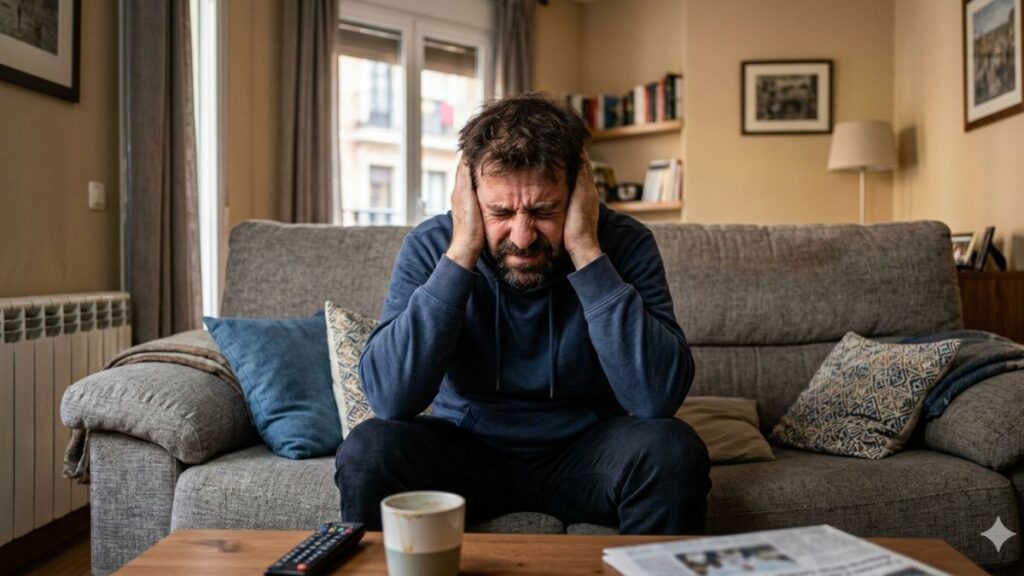 Hombre tapándose los oídos por un ruido molesto 