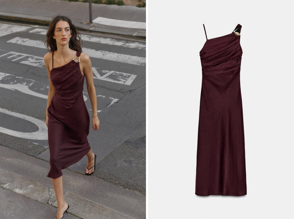 Vestido asimétrico en color burdeos de Zara. (PVP: 49.95€)