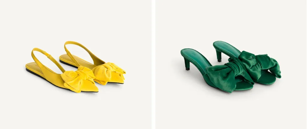 Zapatos de terciopelo de Zara. (PVPs: Bailarina 69.95€ // Sandalia 59.95€)