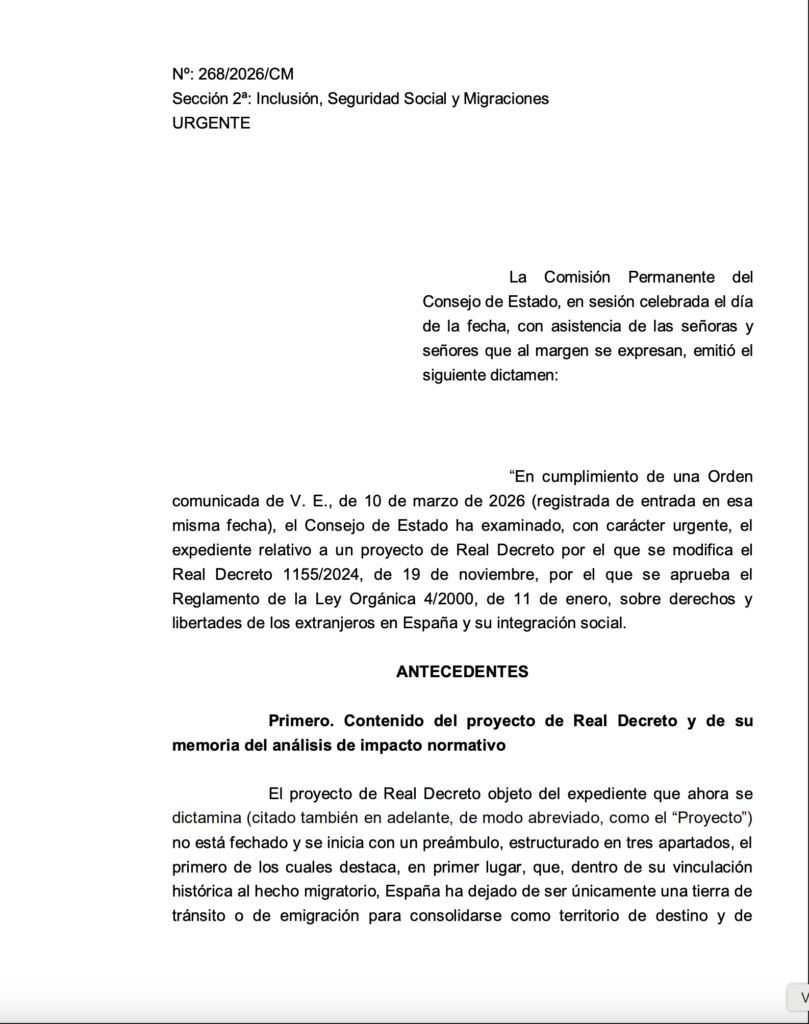 Dictamen del Consejo de Estado sobre la regularización de inmigrantes que el Gobierno planea aprobar este martes.