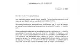 Lea aquí la carta que Sánchez ha mandado a la ciudadanía con motivo de la regulación masiva