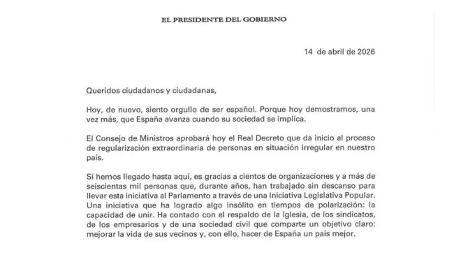 Lea aquí la carta que Sánchez ha mandado a la ciudadanía con motivo de la regulación masiva