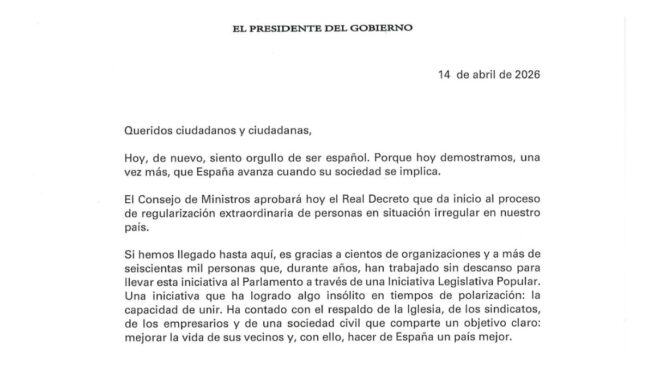 Lea aquí la carta que Sánchez ha mandado a la ciudadanía con motivo de la regularización masiva