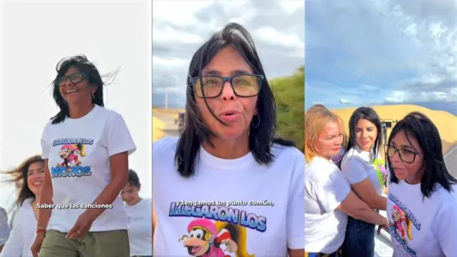 Delcy Rodríguez luce una camiseta con el lema «llegaron los monos» tras la polémica en Madrid