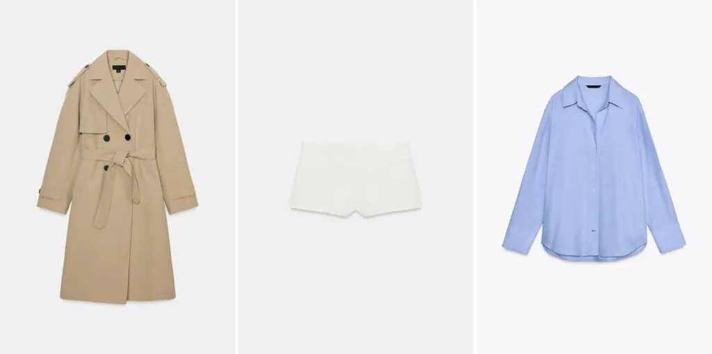 Gabardina beige (PVP: 59.95€) // Shorts blancos (PVP: 19.95€) // Camisa oversize azul (PVP: 22.95€). Todo de Zara