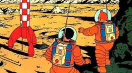 La Luna, Tintín, Tornasol, Haddock y Milú