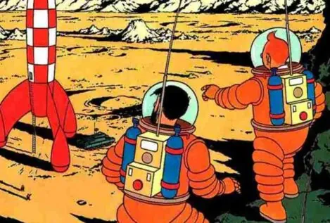 La Luna, Tintín, Tornasol, Haddock y Milú