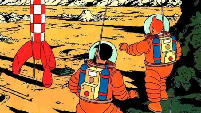 La Luna, Tintín, Tornasol, Haddock y Milú