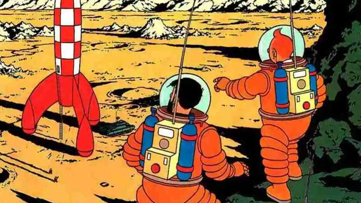 La Luna, Tintín, Tornasol, Haddock y Milú