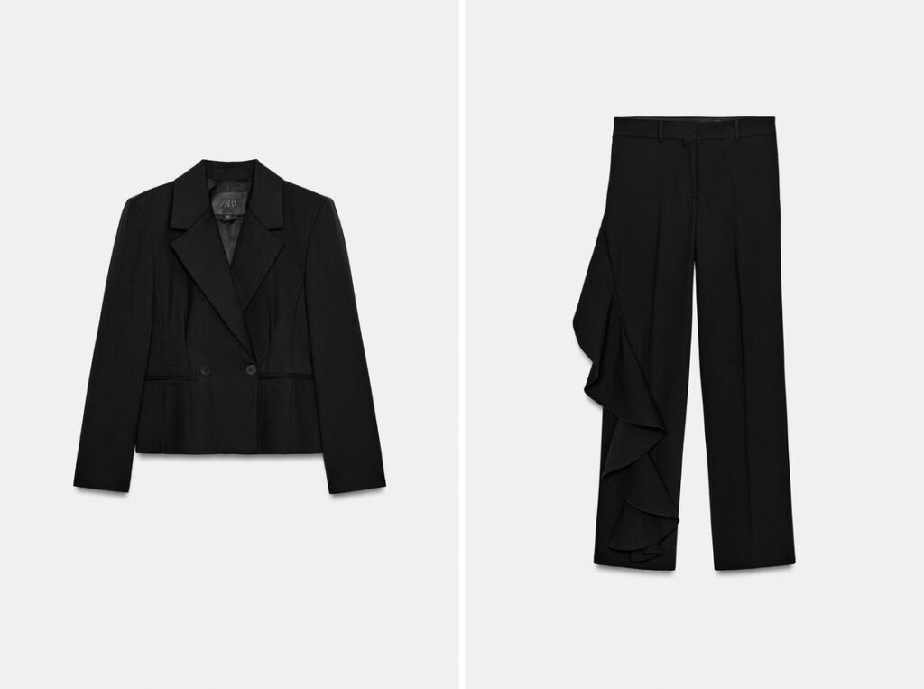 Americana negra (PVP: 79.95€) // Pantalón con volante (PVP: 59.95€) de Zara