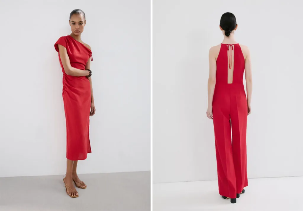 Vestido rojo asimétrico. (PVP: 39.99€) // Mono con escote en la espalda. (PVP: 49.99€) Ambos de Mango