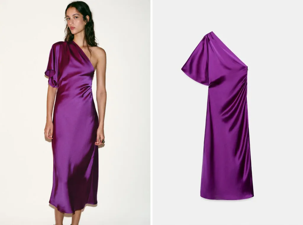 Vestido asimétrico morado de Zara. (PVP: 39.95€)