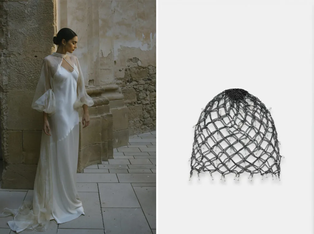 Vestido de novia de estilo lencero de Álex Vidal y casquete de pedrería de Zara. (PVP: 39.95€)