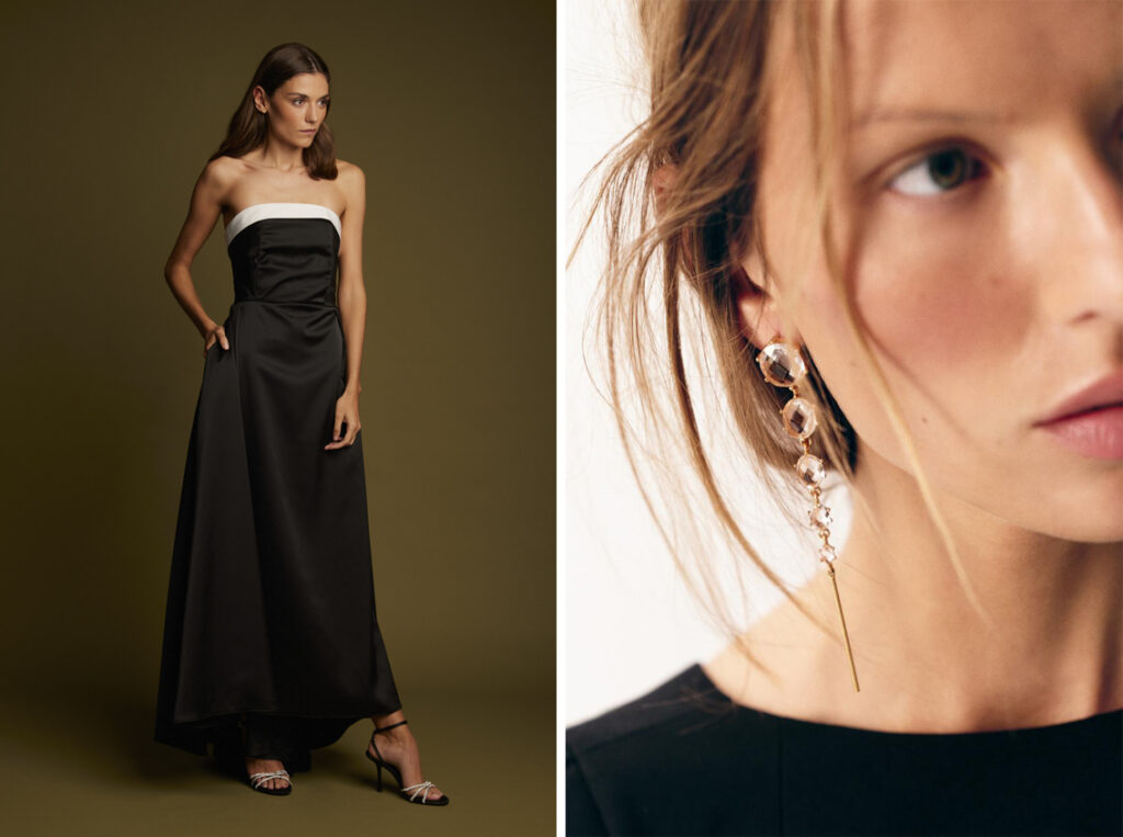Vestido palabra de honor de Artôla Couture y pendientes largos de Zara. (PVP: 15.95€)