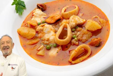 Karlos Arguiñano, cocinero: «La caldereta más tradicional se hace con 500 g de mejillones, 200 g de calamar y 100 g de guisantes frescos»