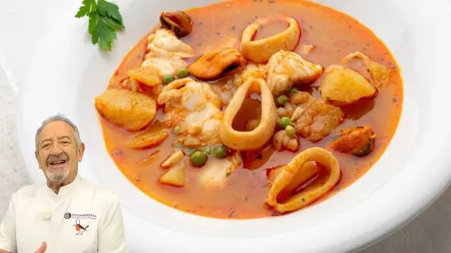 Karlos Arguiñano, cocinero: «La caldereta más tradicional se hace con 500 g de mejillones, 200 g de calamar y 100 g de guisantes frescos»