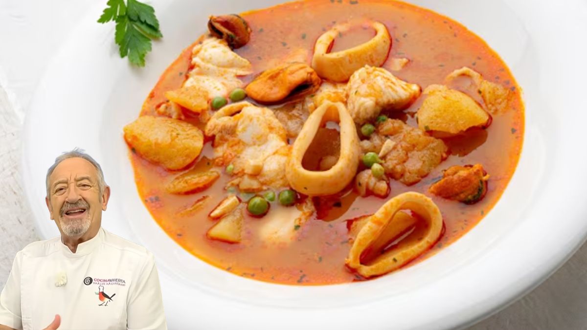 Karlos Arguiñano, cocinero: «La caldereta más tradicional se hace con 500 g de mejillones, 200 g de calamar y 100 g de guisantes frescos»