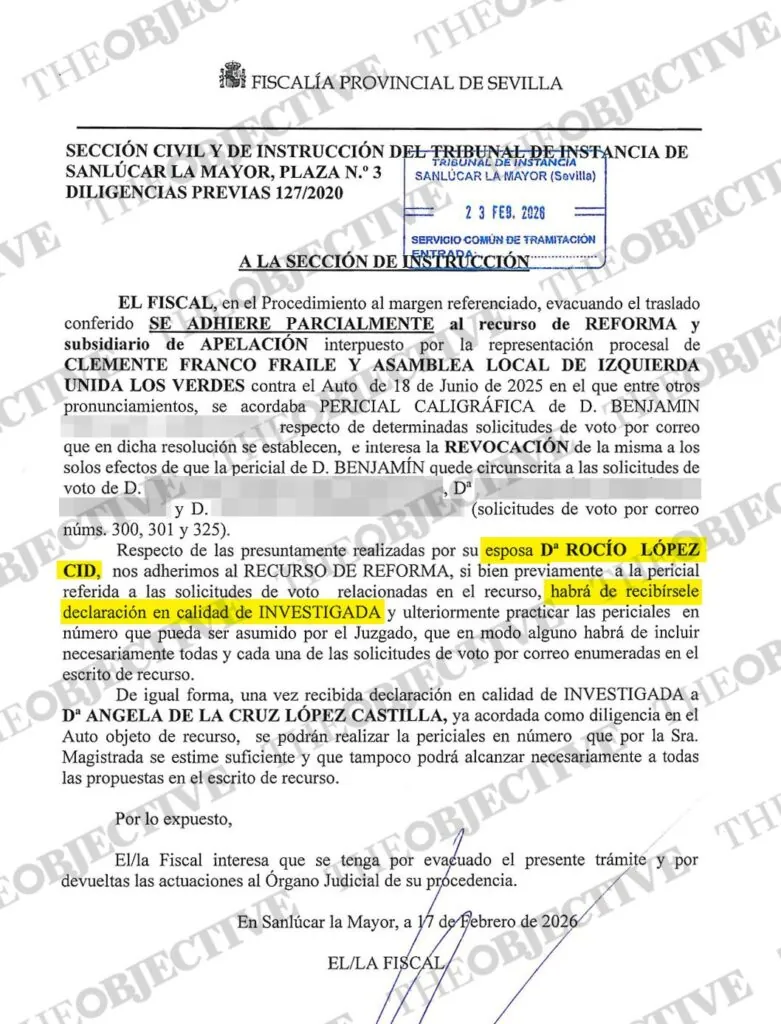 Escrito de la Fiscalía solicitando la imputación de la teniente de alcalde del PSOE en Albaida del Aljarafe por fraude electoral.