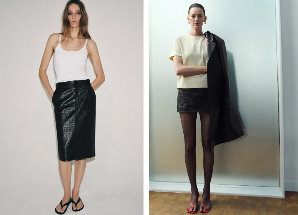 ZARA Falda de corte midi. (PVP: 149€) // MANGO Minifalda negra de pitón. (PVP: 99€)