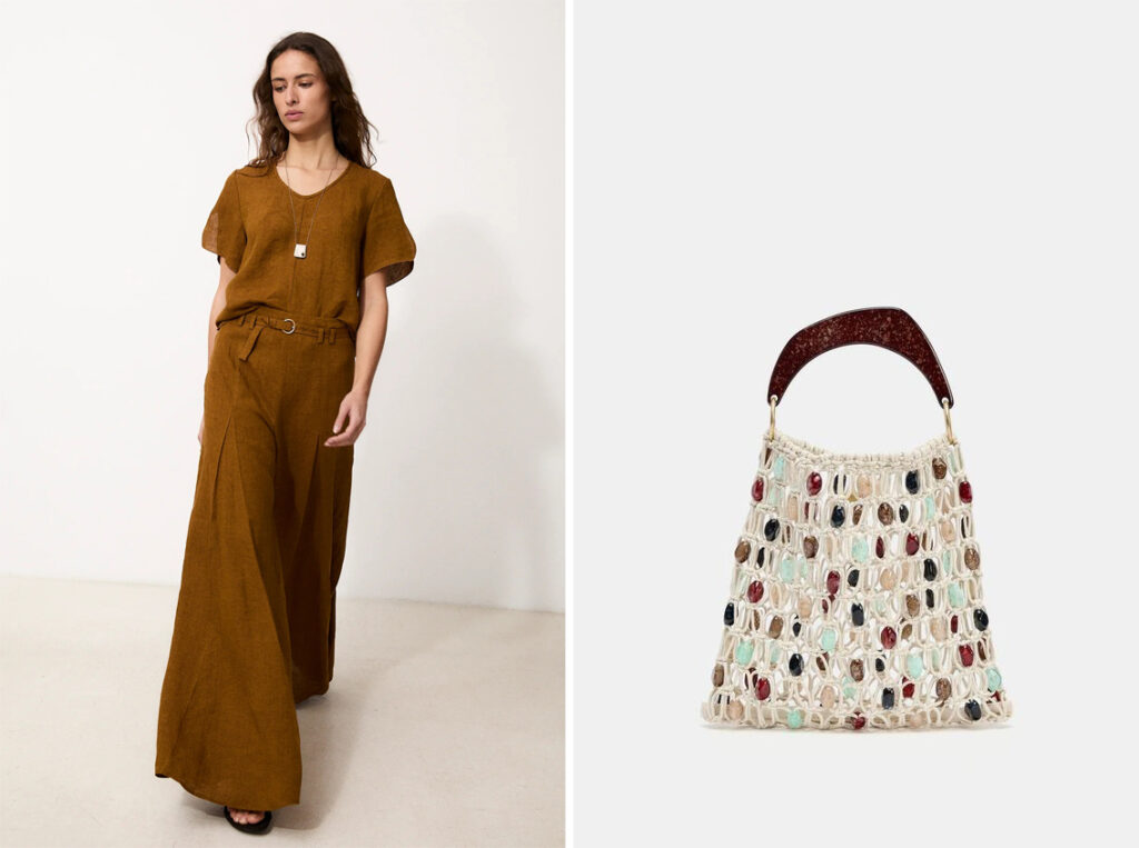 Conjunto de pantalón y top de Maksu y bolso de red de Zara. (PVP: 39.95€)