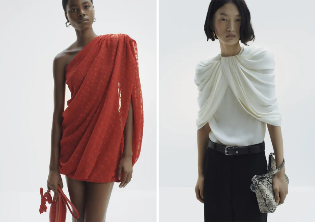Vestido rojo asimétrico y camiseta capa de Stella McCartney para H&M