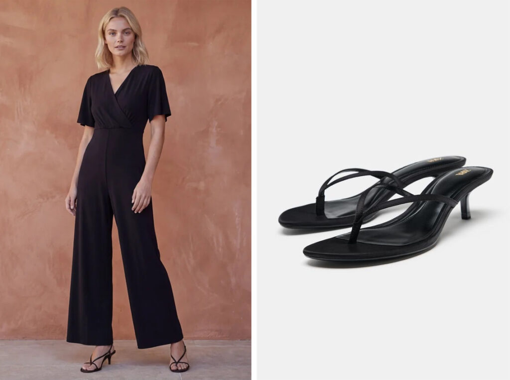 Mono negro de Surkana y sandalias de tacón bajo de Zara. (PVP: 25.95€)