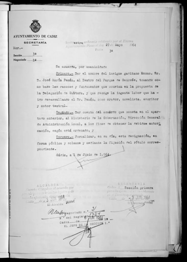 Acta oficial de la sesión plenaria de mayo de 1964 donde se acordó la denominación del Teatro José María Pemán. / Fuente: Archivo Municipal de Cádiz
