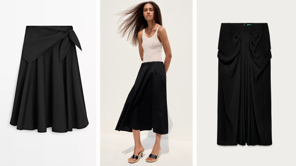 MASSIMO DUTTI Falda con lazo en cintura (PVP: 59.95€) // MANGO Falda larga de corte midi (PVP: 29.99€) // ZARA Diseño drapeado (PVP: 59.95€)