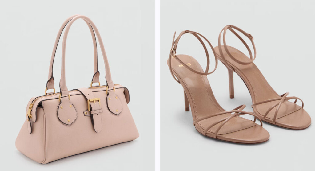 Bolso estilo bowling (PVP: 39.99€) y sandalias de tiras en color nude (PVP: 22.99€) de Mango