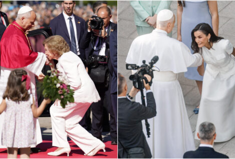 La genuflexión de Letizia y Sofía al Papa, a examen: «Los besos de la reina emérita son muy 'old school'»