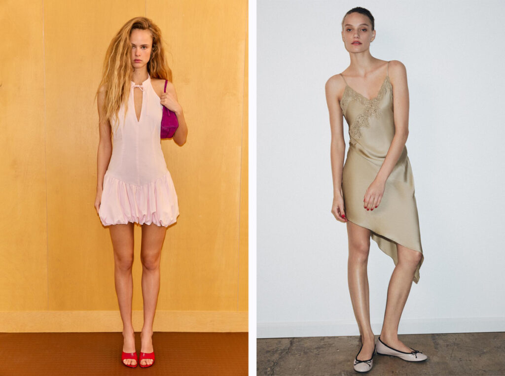 Vestido rosa con falda globo (PVP: 19.46€) y vestido lencero con encaje (PVP: 23.97€) de Zara
